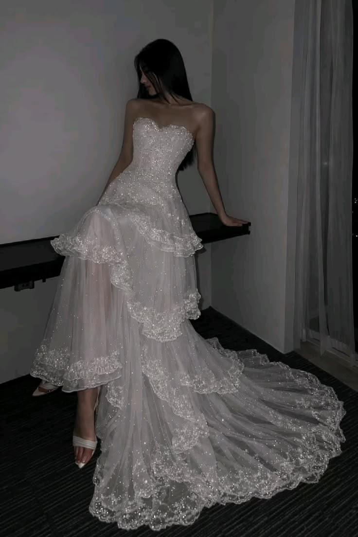 Shiny Strapless White Tulle Sequin Layered Mermaid Long Wedding Dress Bridal Dress D4721