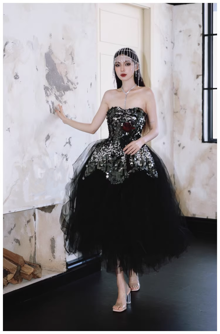 Gorgeous Strapless Black Tulle Sequin A Line Long Evening Dress Birthday Dress D2414
