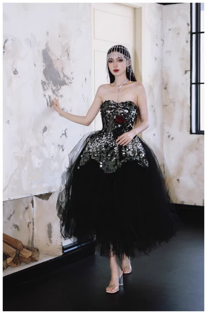 Gorgeous Strapless Black Tulle Sequin A Line Long Evening Dress Birthday Dress D2414