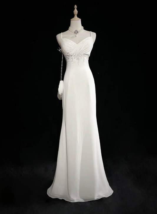 Classy Spaghetti Strap White Tulle Satin Beaded Mermaid Evening Dress Long Wedding Guest Dress D1850