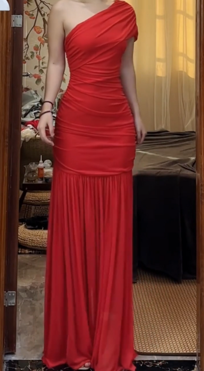 Elegant One Shoulder Red Chiffon Pleated Mermaid Prom Dress Long evening Gown  D1237
