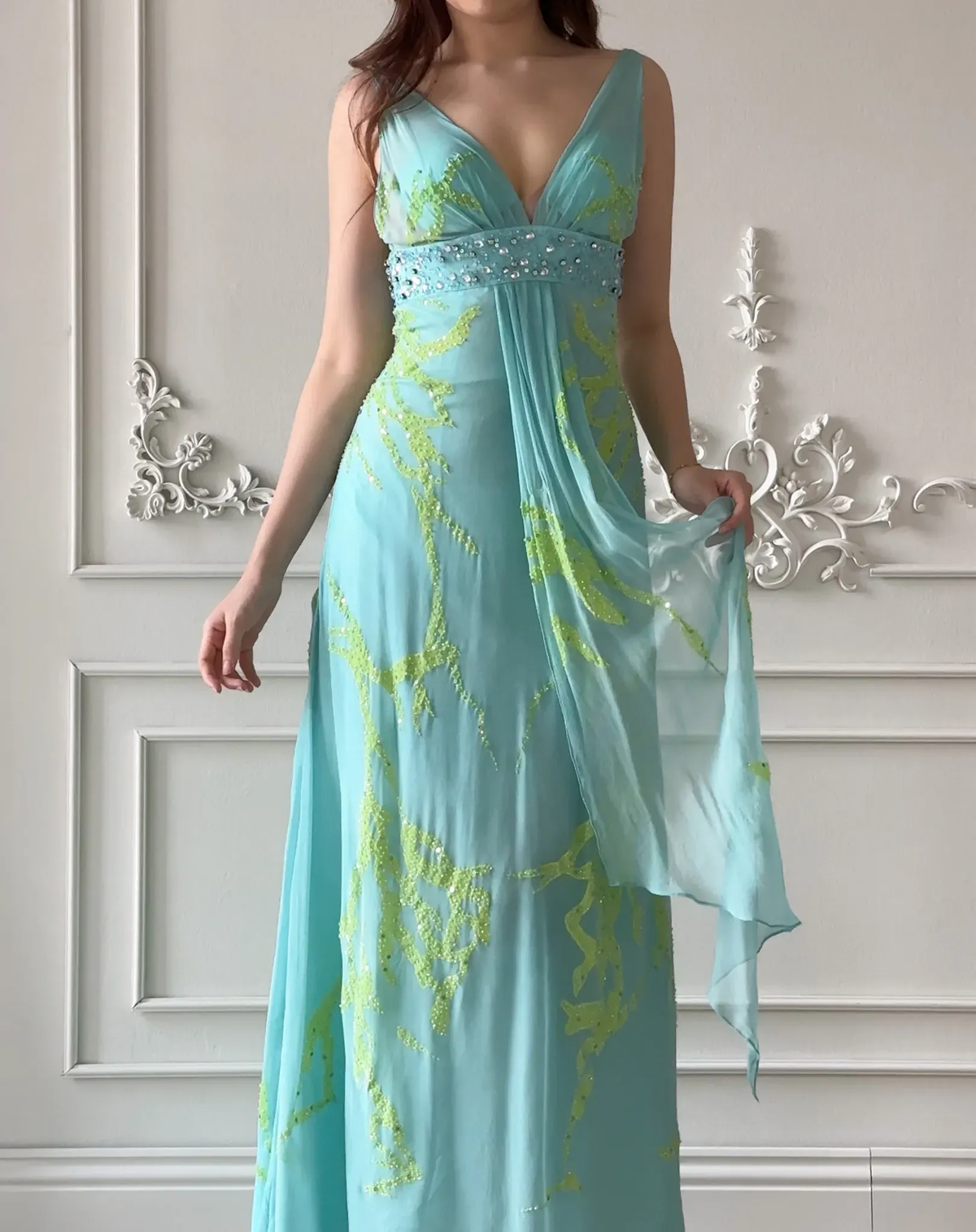 Pretty Mint Green Chiffon Beaded Mermaid Evening Gown,V Neck Long Party Dress D5423