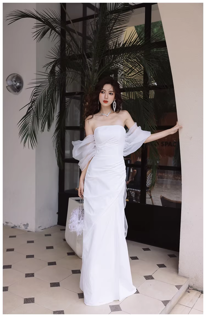 Classy Off The Shoulder White Satin Slit Mermaid Long Party Dress Birthday Evening Dress D2421