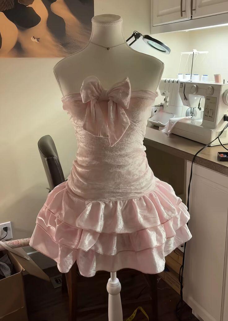 Cute Bow Strapless Satin Layered Short 7th Grade Homecoming Dress,Pink Short Party Dress D4235
