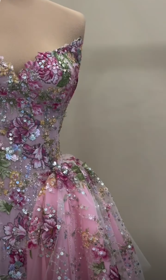 Gorgeous Pink Tulle Sequin Floral A Line Short Homecoming Dress,Formal 15th Birthday Outfits D3739