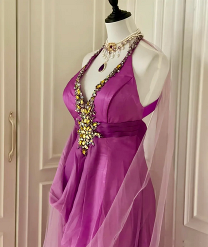 Sexy Ombre Purple Halter Satin Beaded Mermaid Long Evening Dress Backless Birthday Prom Dress D3095