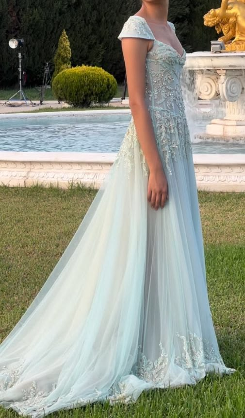 Glamorous Beaded Tulle Sequin Mermaid Long Prom Dress Ice Blue Long Party Dress D4623