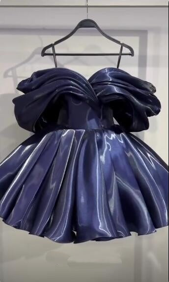 Sexy Off The Shoulder Navy Blue Satin Pleated Short Homecoming Dress Birthday Outfits D4754