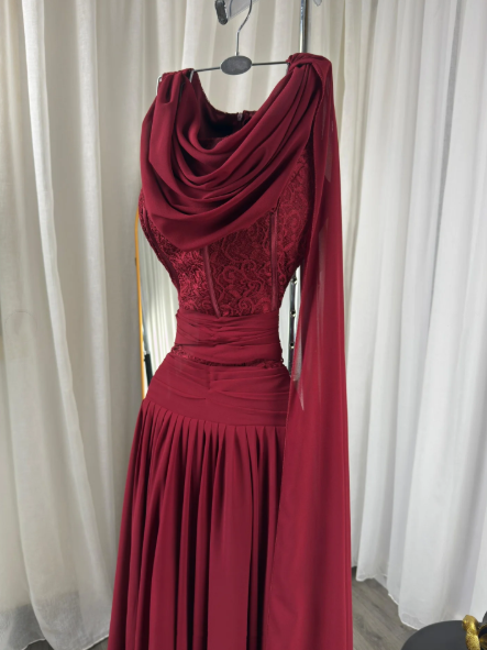 Classy Burgundy Chiffon Slit Mermaid Long Wedding Guest Dress Birthday Evening Dress D1949