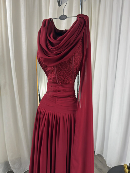 Classy Burgundy Chiffon Slit Mermaid Long Wedding Guest Dress Birthday Evening Dress D1949