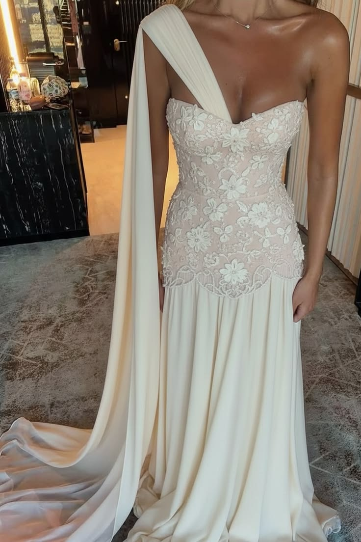 Glamorous Off White Chiffon Lace Floral Long Evening Dress One Shoulder Birthday Party Dress D4738