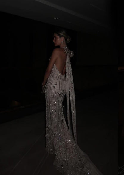 Elegant Light Champagne Tulle Beaded Mermaid Party Dress,Halter Backless Long Evening Dress D3597