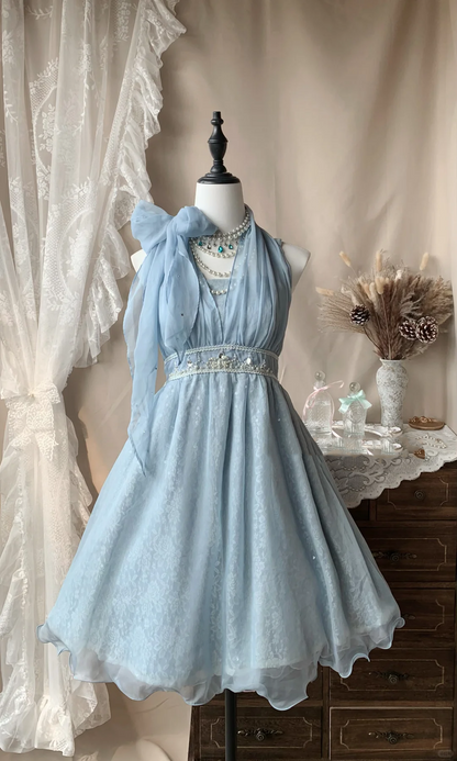 Pretty Halter Blue Chiffon Lace Beaded Short 16th Birthday Outfits,Formal Homecoming Dress D3186