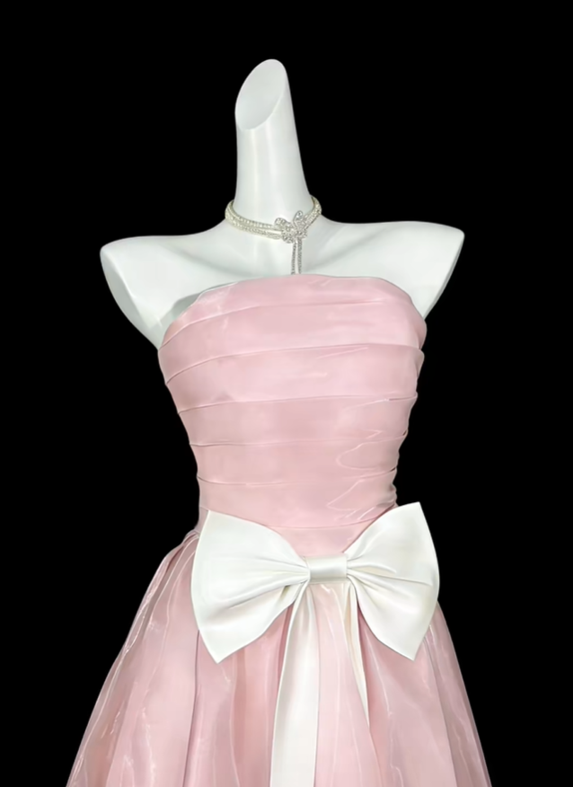 Sweet Pink Strapless Bow Tulle A Line Long Prom Dress Birthday Party Dress D4191
