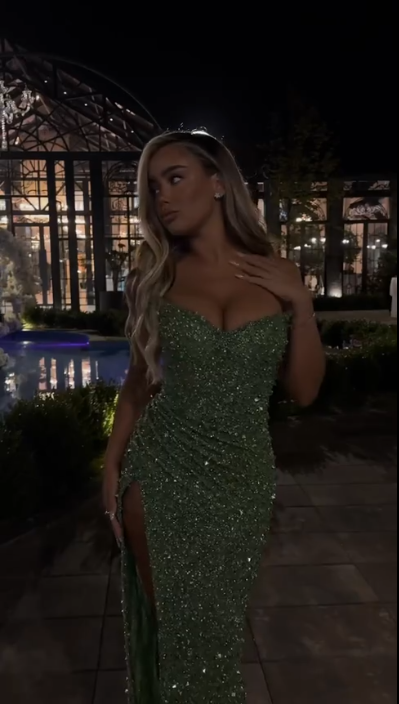 Glamorous Green Sequin Slit Sheath Long Prom Dress Strapless Long Party Dress D5125