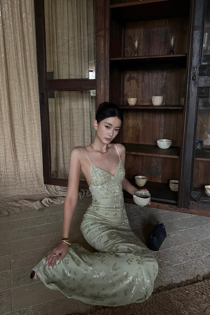 Pretty Spaghetti Straps Satin Floral Beaded Long Party Dress Sage Green Mermaid Long Evening Gown D4917