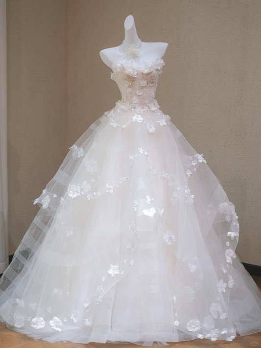 Beautiful Sweetheart Neck White Tulle Lace Appliques Long Wedding Dress Bridal Dress S907