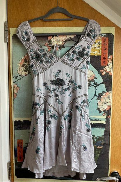 Vintage V Neck Gray Chiffon Sequin Beaded Formal 8th Grade Homecoming Dress 18th Birthday Outfits D056