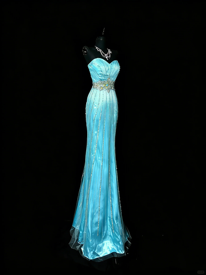 Gorgeous Sweetheart Neck Satin Tulle Beaded Long Prom Gown Blue Mermaid Long Evening Dress D4895