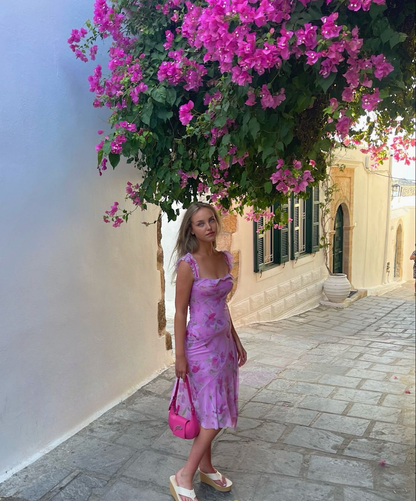 Classy Hot Pink Chiffon Print Floral Mermaid Long Party Dress Evening Dress D3412