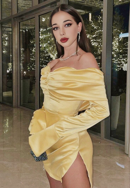 Pretty Yellow Off The Shoulder Satin Short Graduation Homecoming Dress,Mini Prom Dress D3576