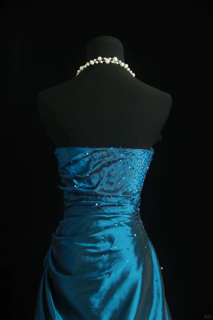 Vintage Blue Strapless Satin Beaded Long Prom Dress Party Dress D2853