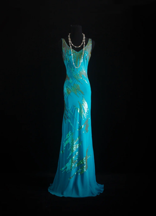 Unique Sleeveless Blue Satin Sequin Mermaid Evening Dress Long Birthday Party Dress Prom Gown D2006