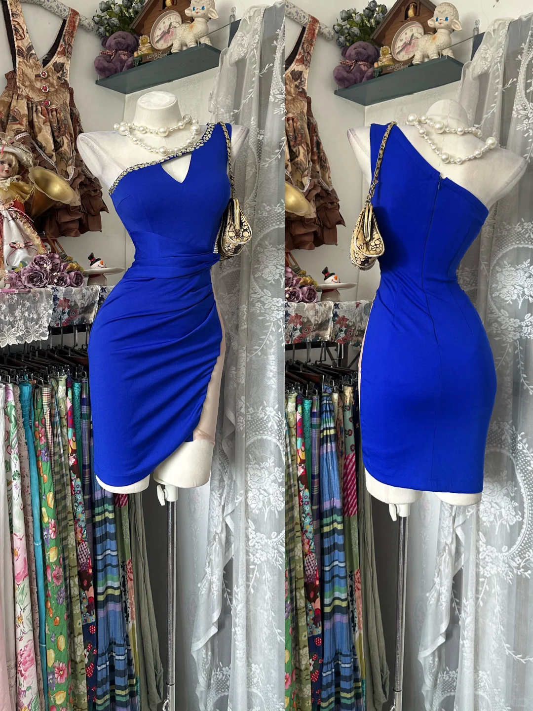 Sexy One Shoulder Satin Beaded Sheath Cocktail Dress,Royal Blue Short 6th Grade Homecoming Dress D3352