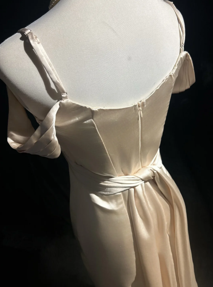 Elegant Light Champagne Off The Shoulder Formal Wedding Guest Dress Long Mermaid Slit Evening Dress Party Dress D2065