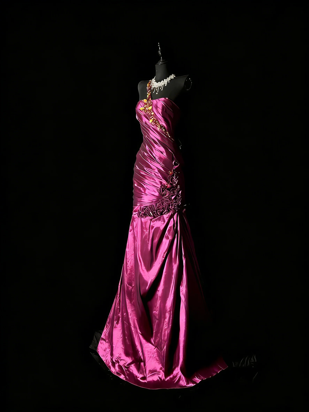 Charming One Shoulder Satin Pleated Beaded Mermaid Long Prom Dresses Hot Pink Backless Long Evening Dress D4889