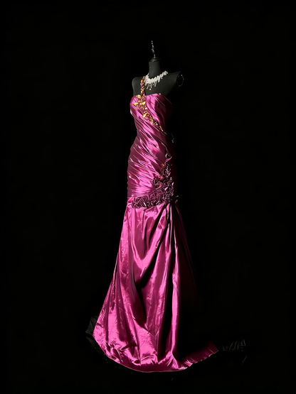 Charming One Shoulder Satin Pleated Beaded Mermaid Long Prom Dresses Hot Pink Backless Long Evening Dress D4889
