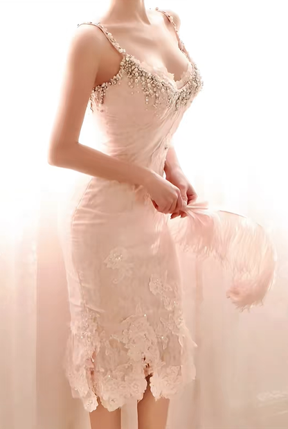 Classy Spaghetti Straps Satin Lace Beaded Sheath Slit Party Dress Evening Gown D2726