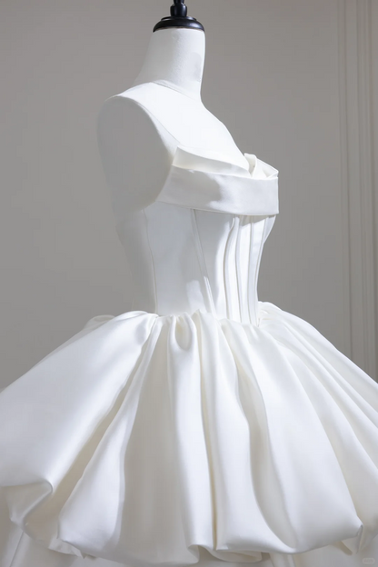 Fairy Strapless White Satin Pleated Long Wedding Dress D3089