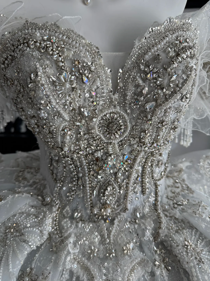 Gorgeous White Tulle Lace Beaded Long Wedding Dress,Off The Shoulder Bridal Dress D3698