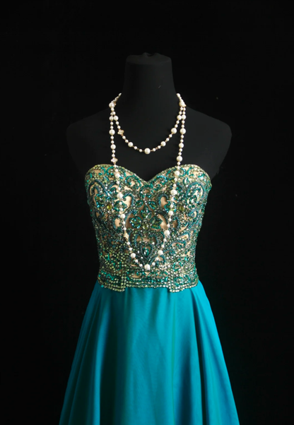 Unique Blue Green Strapless Satin Beaded Long Wedding Guest Dress Formal Birthday Party Dress Prom Gown D1999