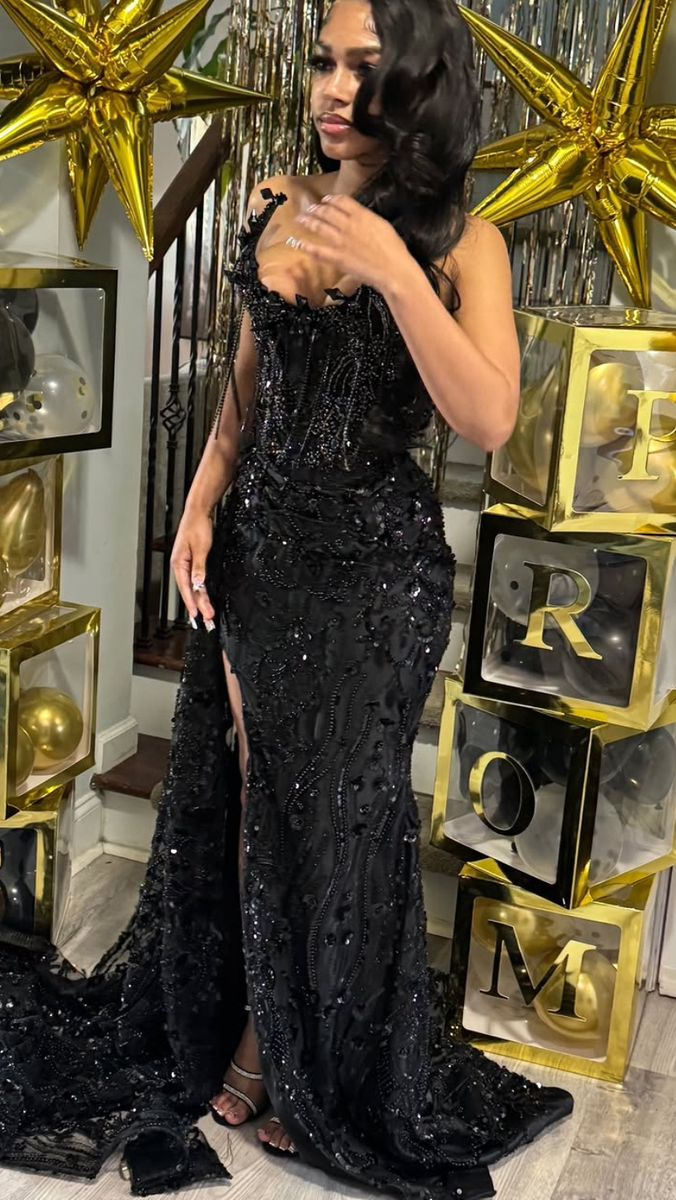 Gorgeous Black Lace Beaded Mermaid Slit Evening Dress Prom Gown S202 SweetDress Gorgeous Black Lace Beaded Mermaid Slit Evening Dress Prom Gown S202 SweetDress