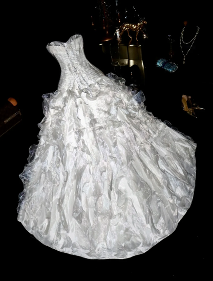 Classy Strapless Organza Pleated Mermaid Evening Dress Long Birthday Party Dress D1430