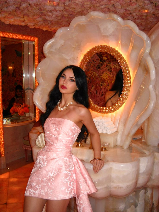 Stylish Pink Strapless Satin Print Floral A Line Short Homecoming Dress Cocktail Dress D3542