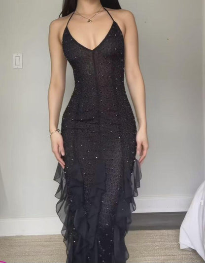 Charming Halter V Neck Black Chiffon Ruffles Beaded Long Evening Dress Prom Dress D5305