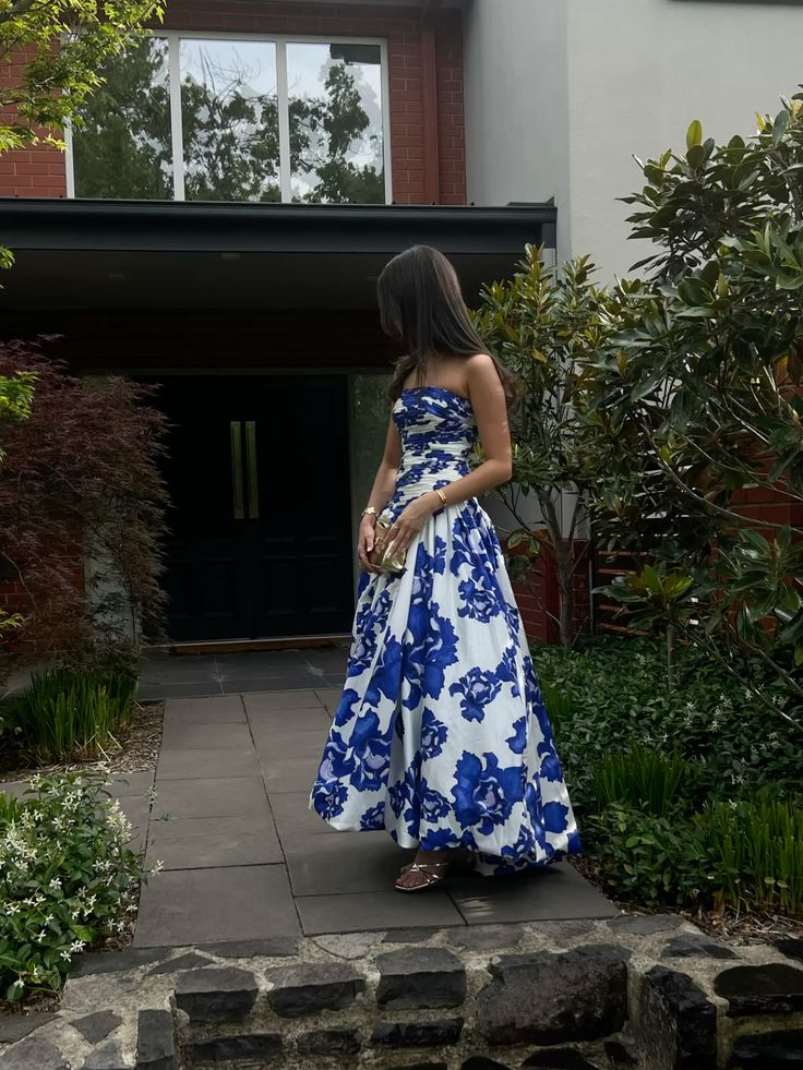 Charming Pink Strapless Satin Pleated Printed Floral Long Prom Dress Birthday Evening Dress D4783