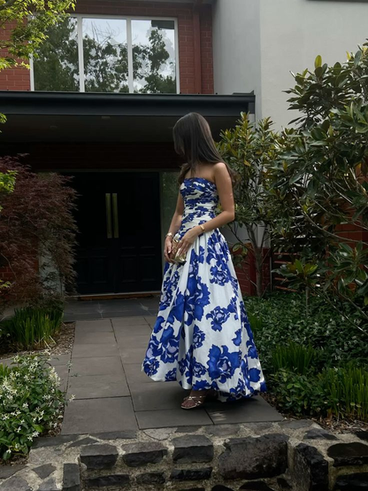 Charming Pink Strapless Satin Pleated Printed Floral Long Prom Dress Birthday Evening Dress D4783