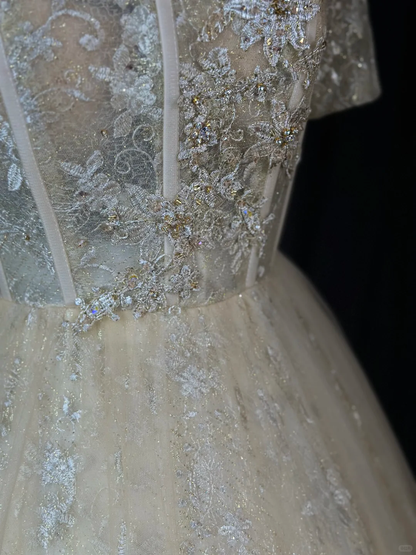 Gorgeous Gold Tulle Lace Embroidery Beaded A Line Long Birthday Prom Dress Evening Gown D2508