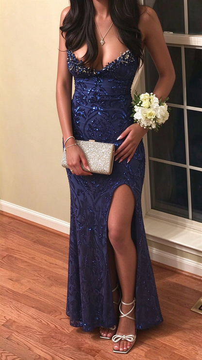 Elegant Spaghetti Straps Satin Tulle Sequin Beaded Prom Dress Navy Blue Mermaid Slit Long Evening Dress D5180
