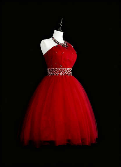 Charming One Shoulder Tulle Beaded A Line Short Party Dress,Red Short 15th Birthday Outfits D4054