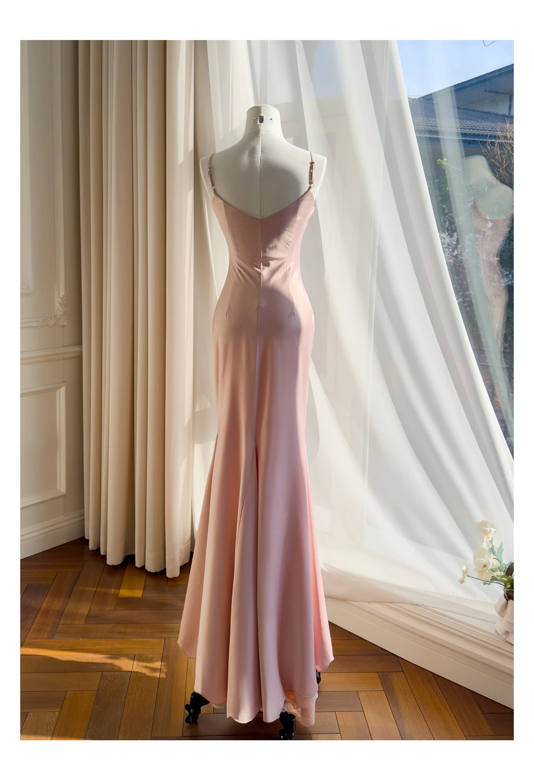 Classy Spaghetti Straps Peach Pink V Neck Satin Lace Mermaid Long Party Dress Birthday Dress D2942