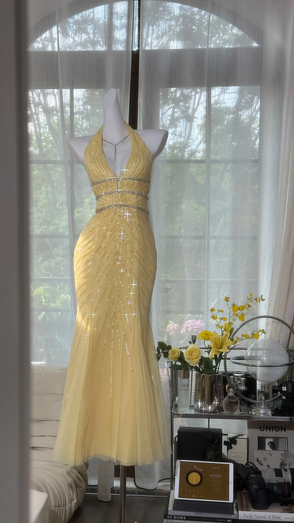 Elegant Halter Yellow Tulle Sequin Mermaid Evening Dress Backless Long Prom Gown D1174