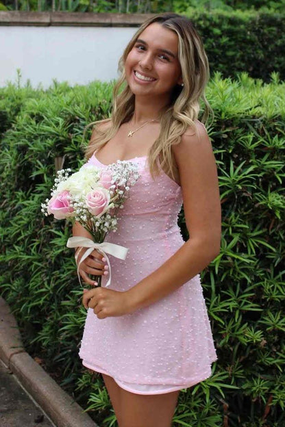 Charming Spaghetti Straps Pink Tulle Pearls Short Homecoming Dress Birthday Outfits D3736