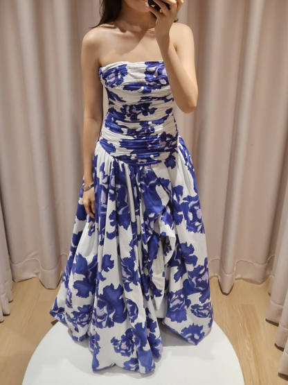 Charming Pink Strapless Satin Pleated Printed Floral Long Prom Dress Birthday Evening Dress D4783