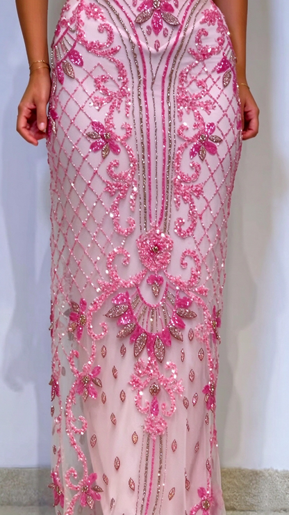 Gorgeous Off The Shoulder Tulle Beaded Long Party Dress Pink Long Birthday Evening Gowns D5241