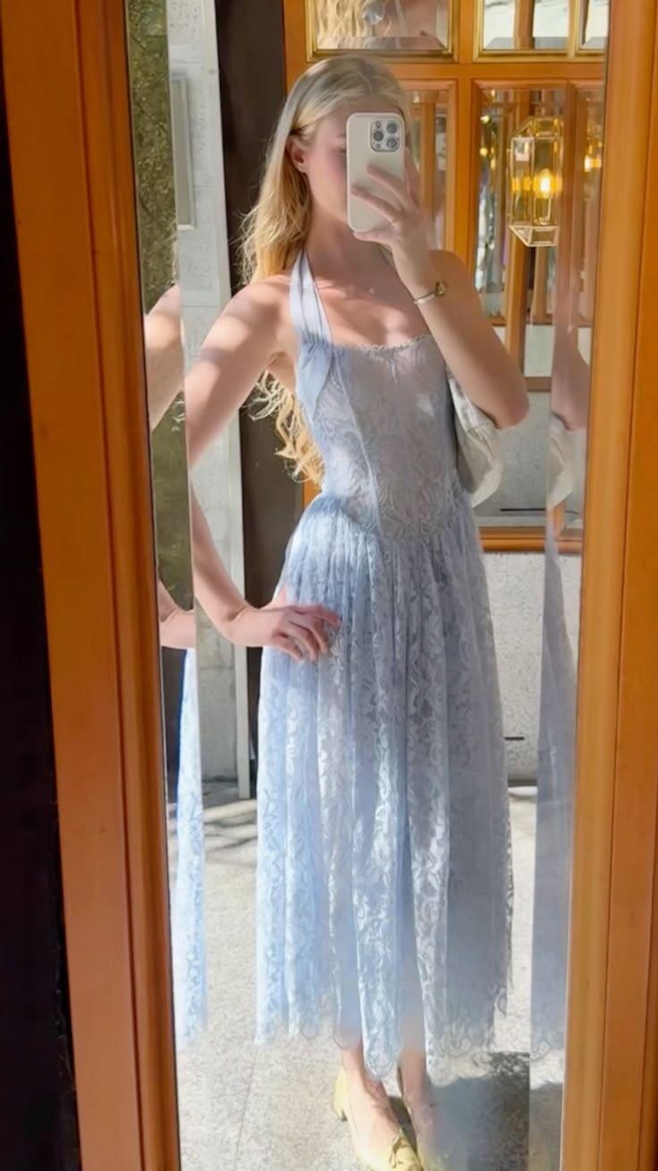 Gorgeous Light Blue Halter Lace A Line Long Prom Dress Evening Dress D5318